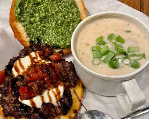 The Napoli burger and clam chowder side at The Map Room located in Cedar Rapids, IA.