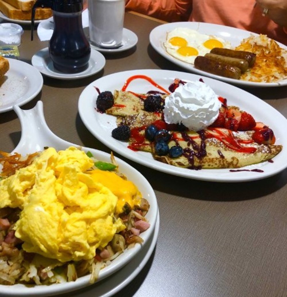 The butchers skillet, Crepes, 2 eggs, sausage, hasbrowns. at Briana’s Pancake House in Hanover Park, IL.