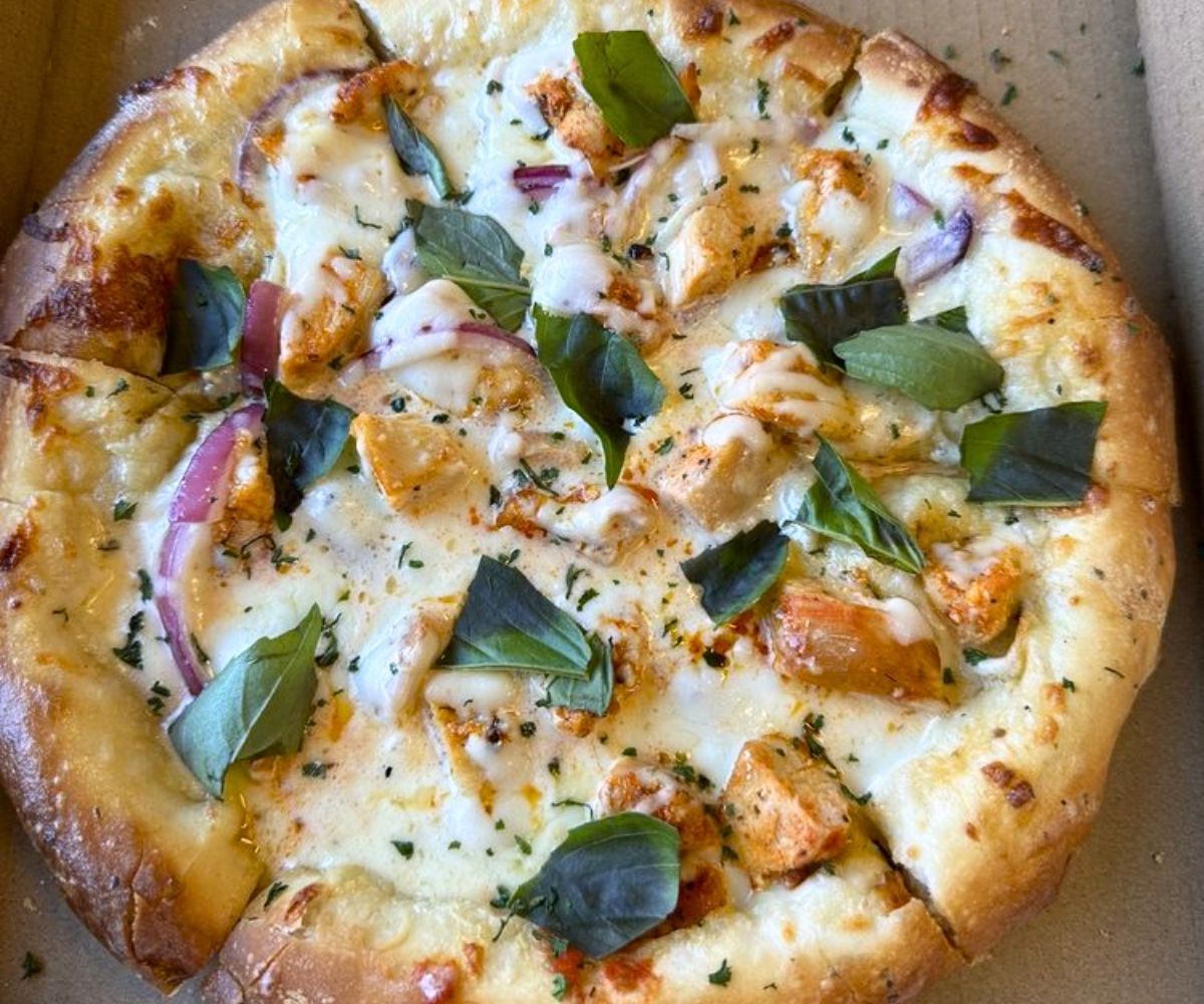Chicken Alfredo Pizza at the Angry Italian in Yuma, Arizona