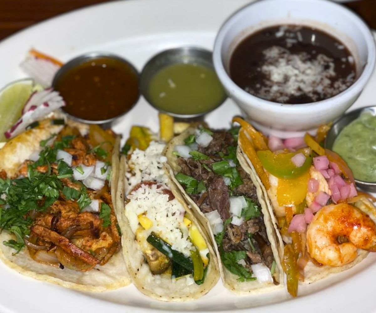 al pastor, calabacita, barbacoa, shrimp tacos at El Callejon Taqueria in Santa Fe, New Mexico