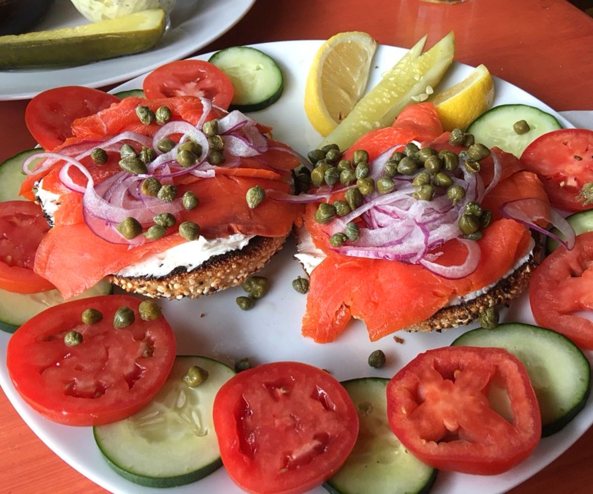 Deluxe Lox & Bagel plate at Gilbert's on Main in Bellevue, Washington