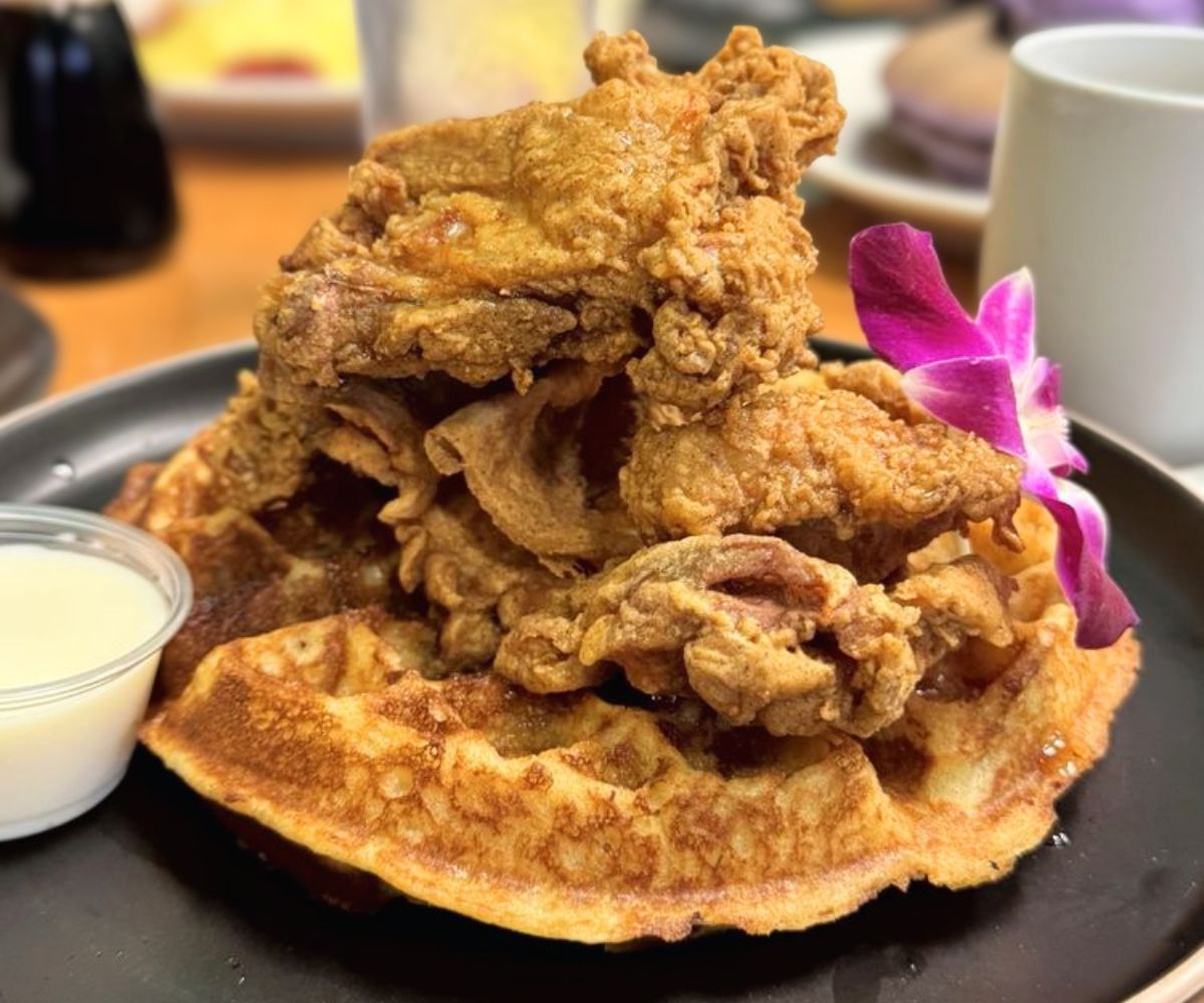 fried chicken and waffles at guieb cafe in honolulu, hi