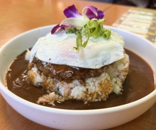 loco moco fried rice at guieb cafe in honolulu, hawaii
