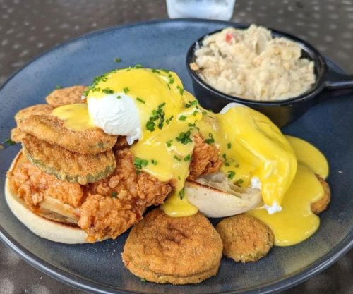 Hot Fried Chicken Benedict at Grace & Grits in Mount Pleasant, SC