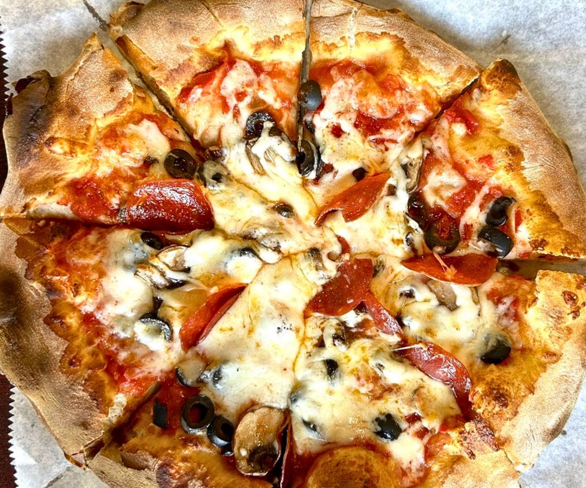 Pepperoni, Mushroom, and Olive pizza at Bella Fuoco Wood Fired Pizza in Cheyenne, Wyoming