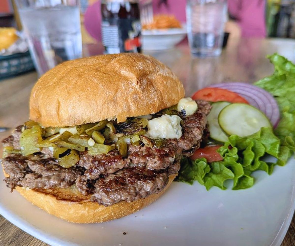 Double bleu cheese green chile smash burger at The Kosmos in Albuquerque, NM