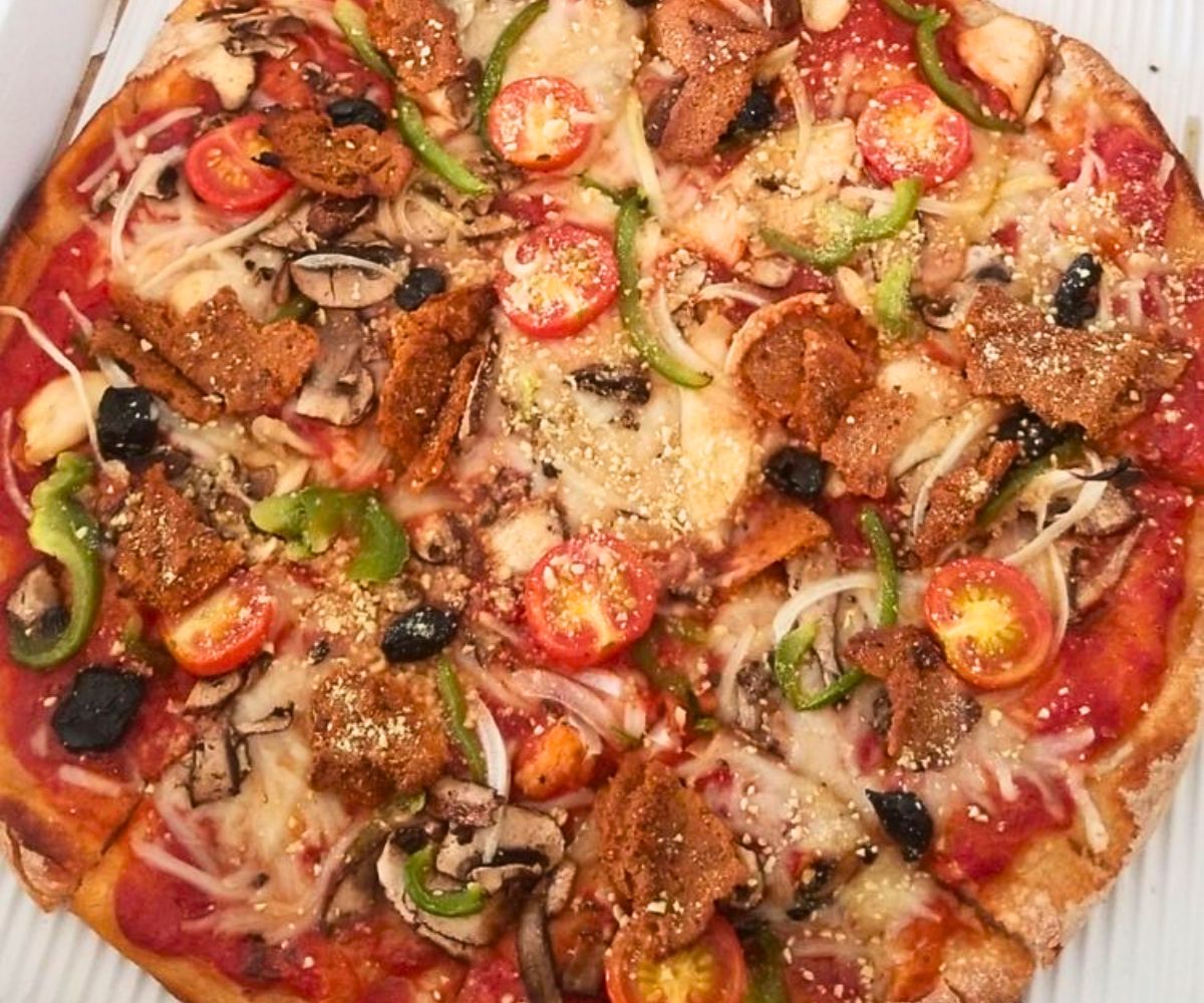 Vegan Supreme Pizza at Monte's in Portland, ME