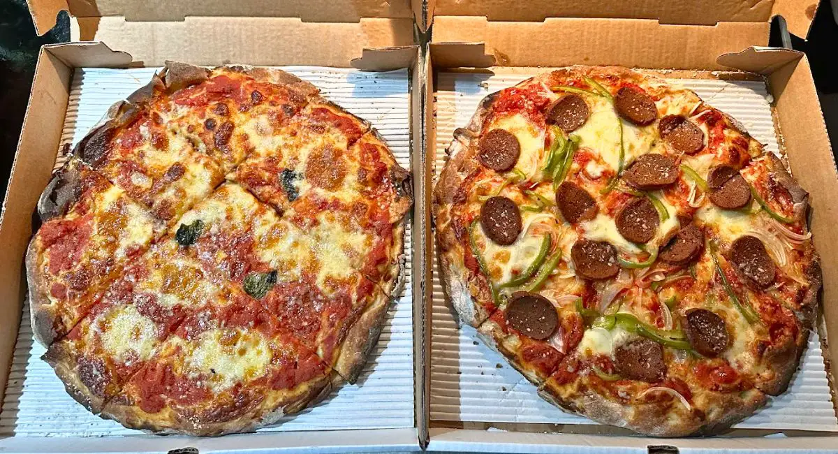 margherita and pepperoni pizza at Monte's in Portland, ME