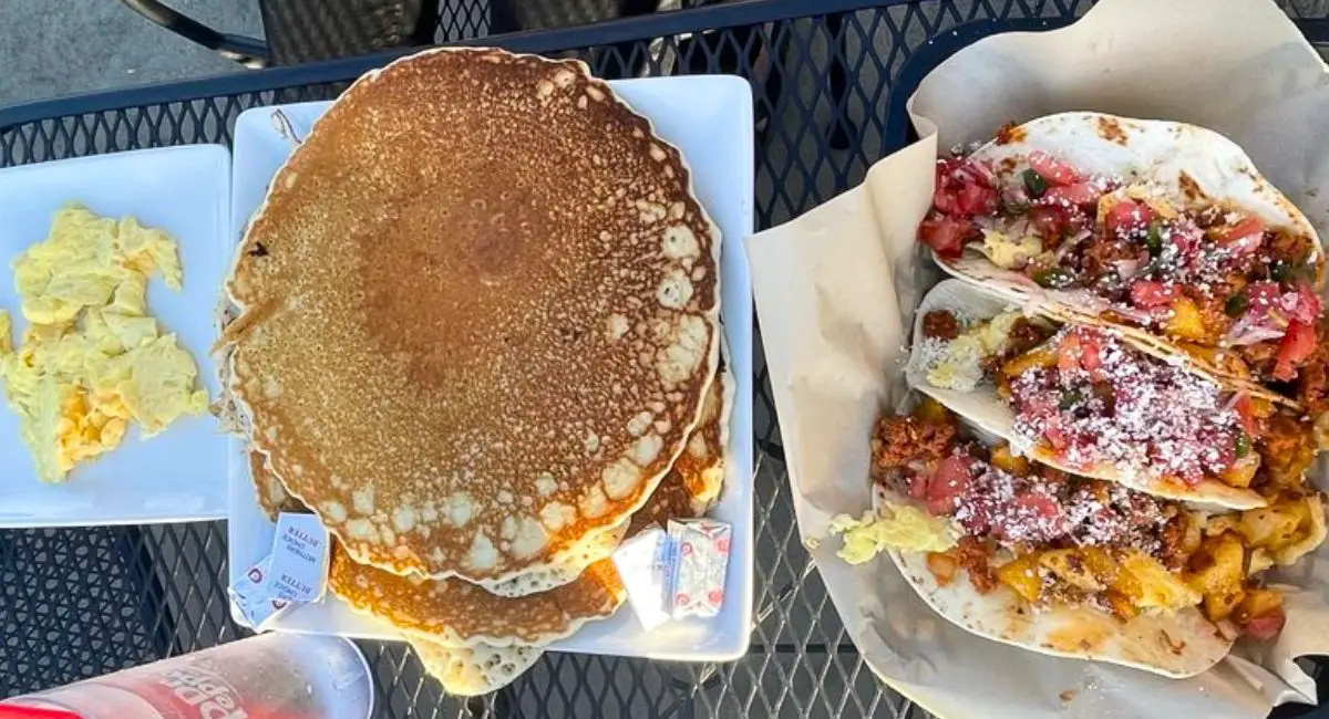 scrambled eggs, pancakes, and breakfast tacos at The Tower Grill in Nampa, Idaho