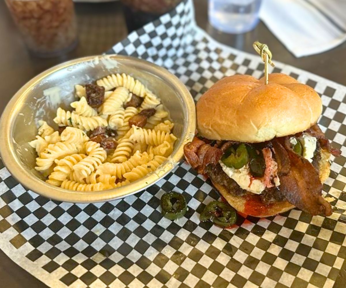 Pork Belly Mac and Cheese and Raspberry Jalapeno Burger at Branding Iron in Casper, WY