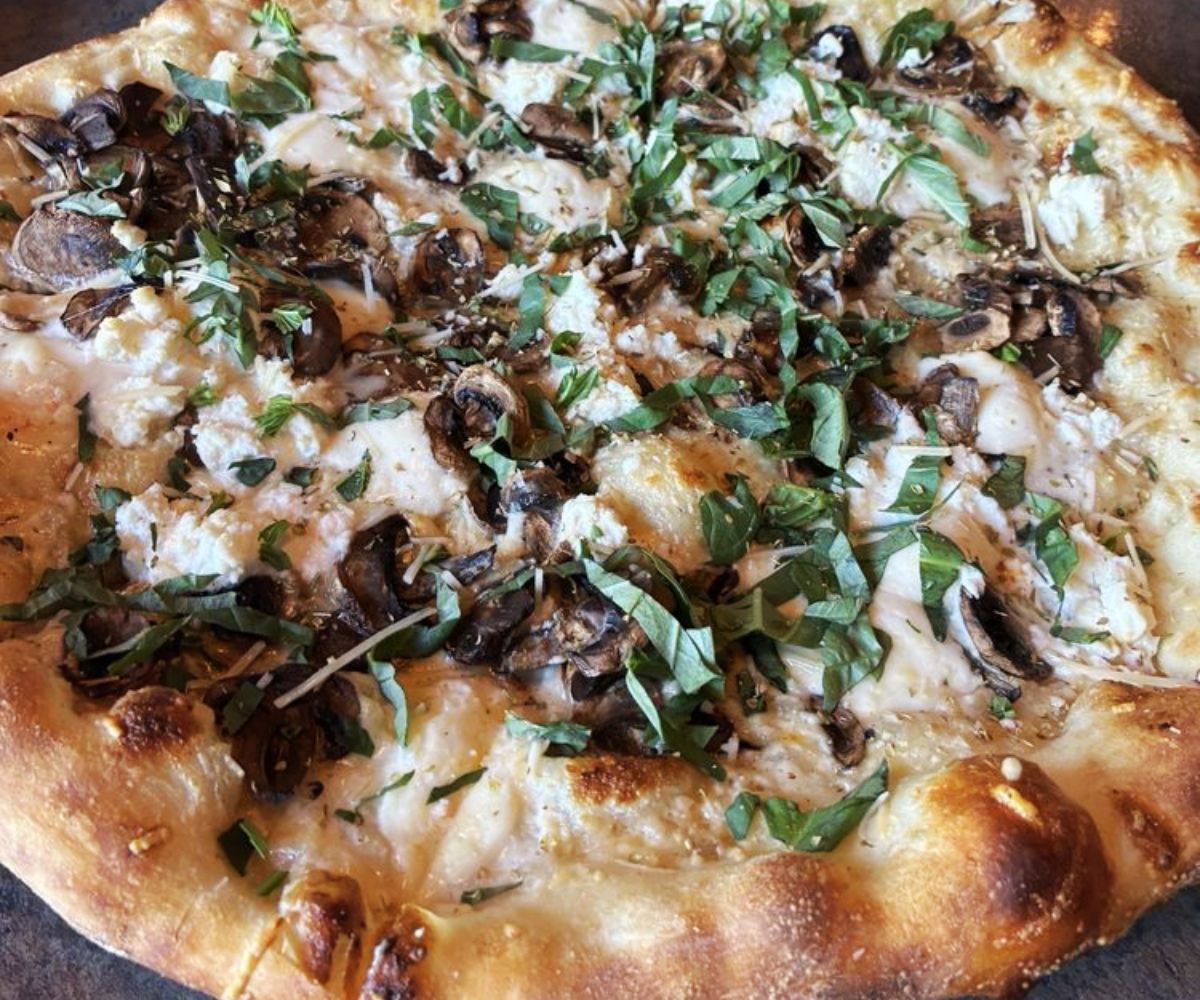 Mushroom and 4 cheese pizza in Lassen Ale Works Boardroom in Susanville, CA