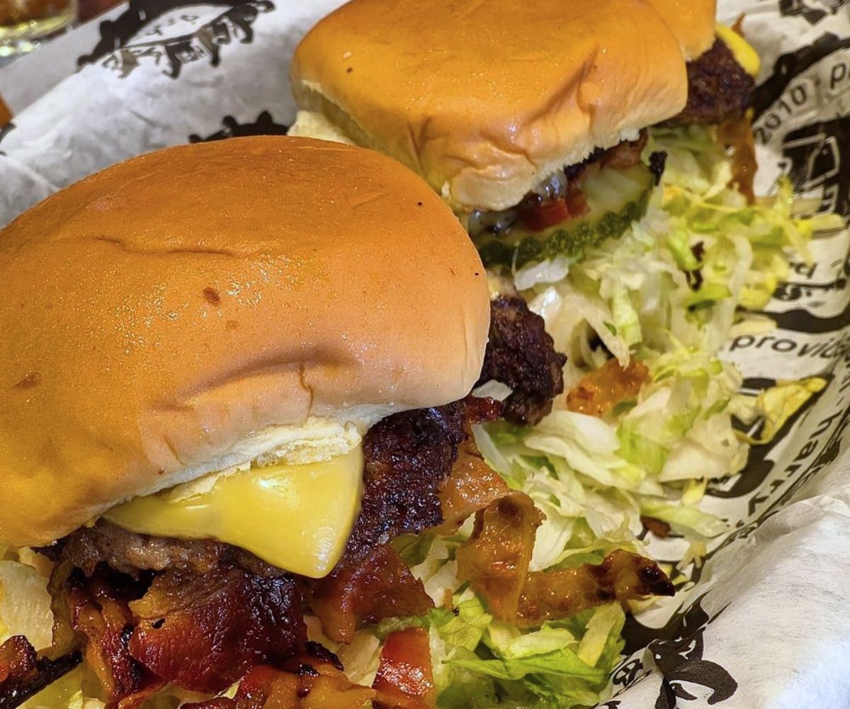 Bacon cheeseburgers at Harrry's on Main in Providence, Rhode Island