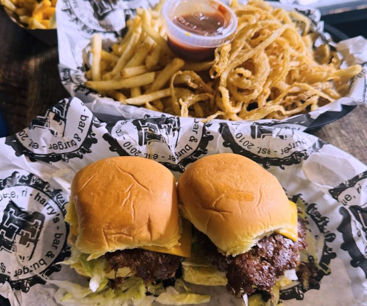 burger and fries at Harry's on Main in Providence, Rhode Island