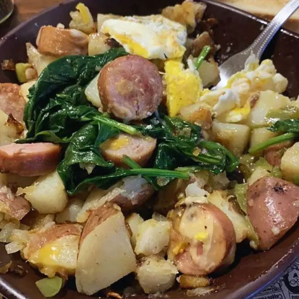 Spinach & Smoked Sausage Skillet in Jeannie's House Diner in South Bend, Indiana