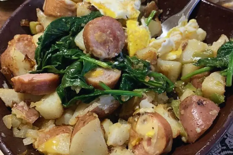 Spinach & Smoked Sausage Skillet in Jeannie's House Diner in South Bend, Indiana