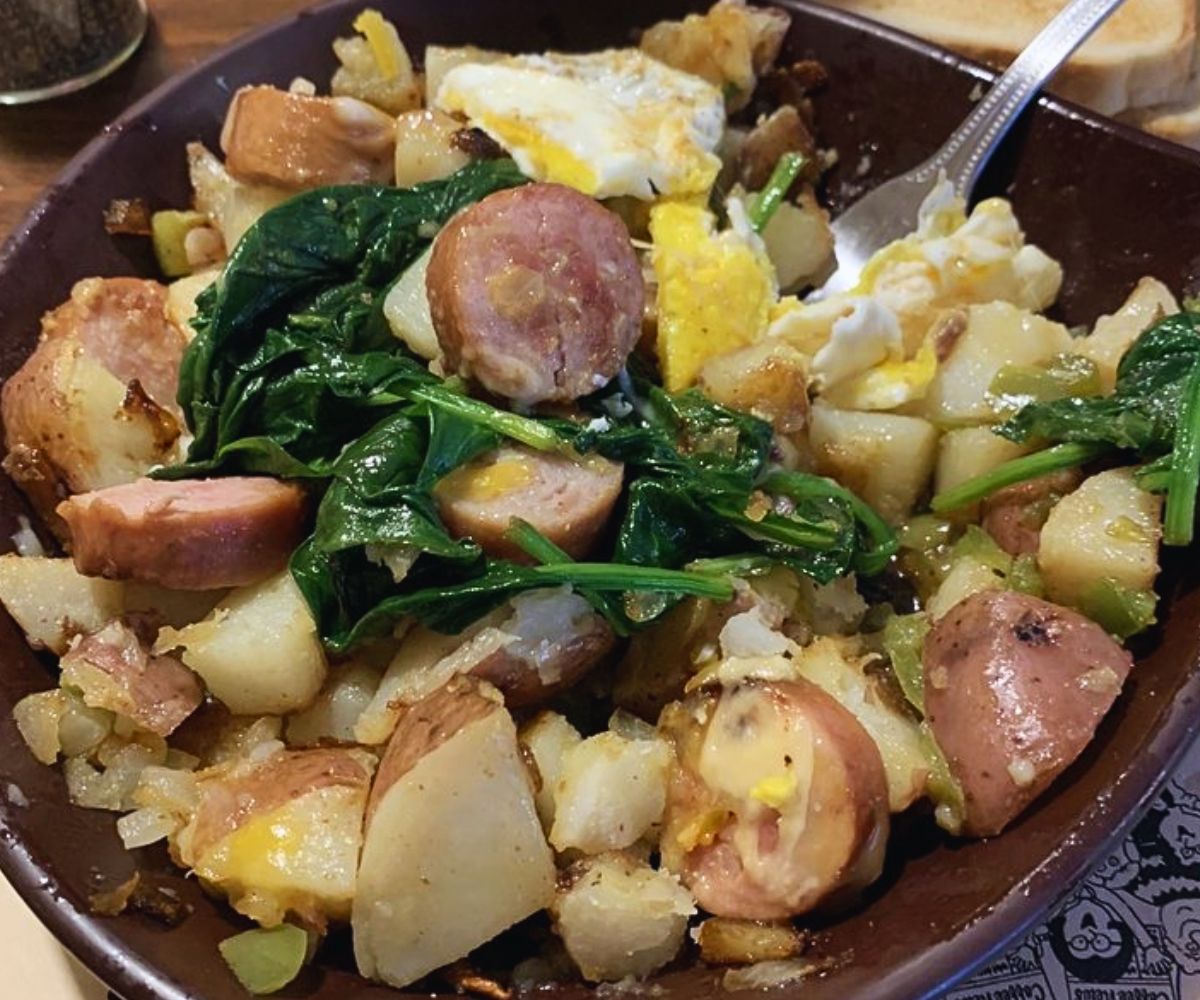 Spinach & Smoked Sausage Skillet in Jeannie's House Diner in South Bend, Indiana
