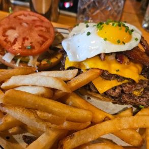 double cheeseburger with egg at whiskey & the wolf in toledo, oh
