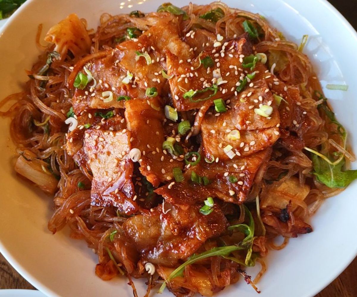 kimchi noodles with pork belly at Cafe uu in Everett, Washington