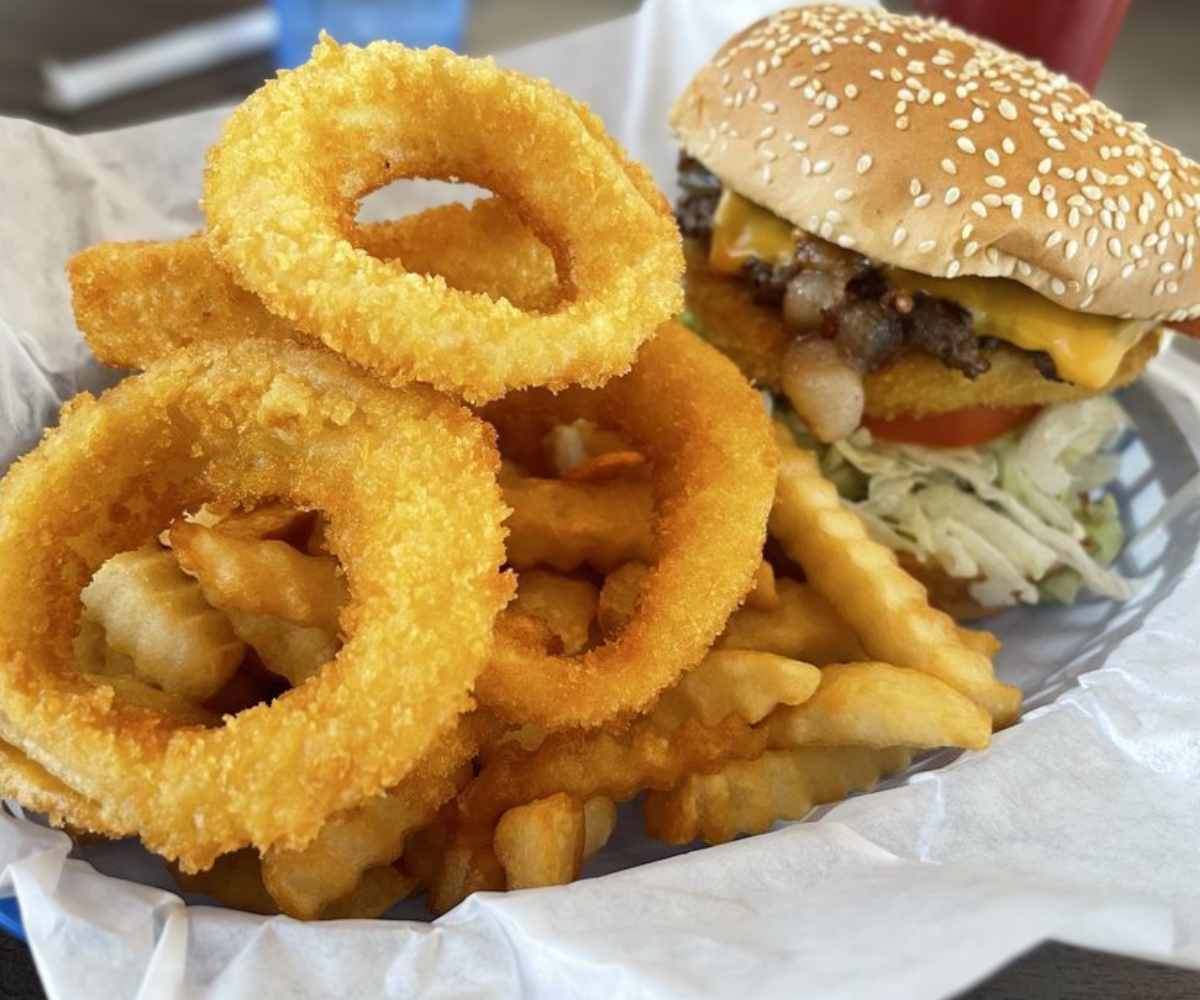 cheeseburger and onion rings at Hazel's Drive In