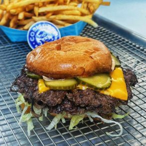 huge cheeseburger at Cosmos Smash Burgers in Ventura California