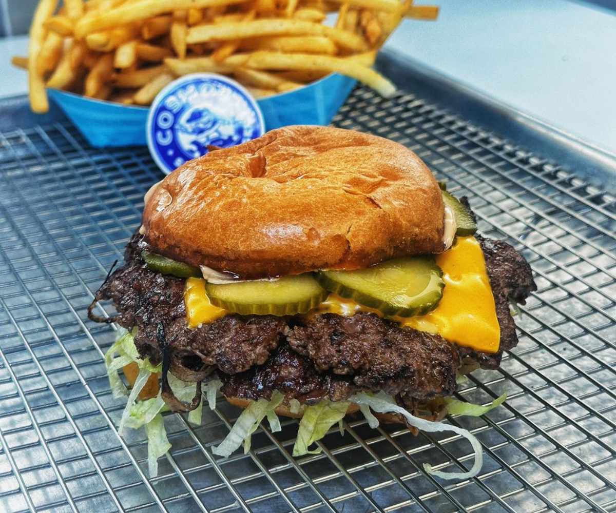 huge cheeseburger at Cosmos Smash Burgers in Ventura California