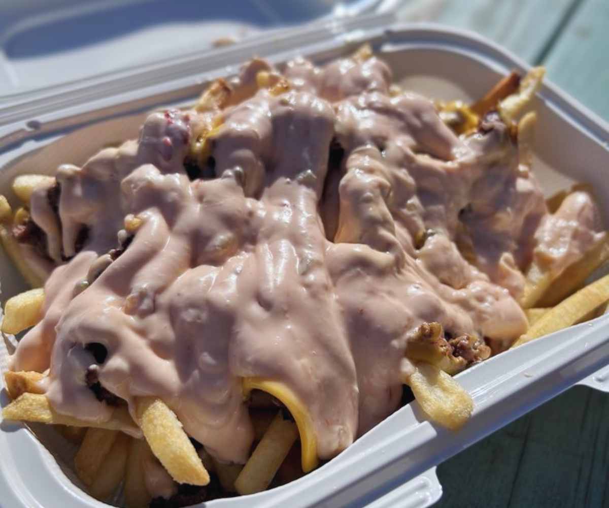 loaded fries at Cosmos smash burgers in ventura California