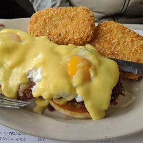 corned beef hash benedict with hash browns and home made corned beef hash at Suzie's Diner in Hudson, NH.