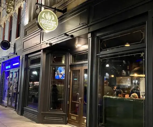Exterior view of Krueger's Tavern at night