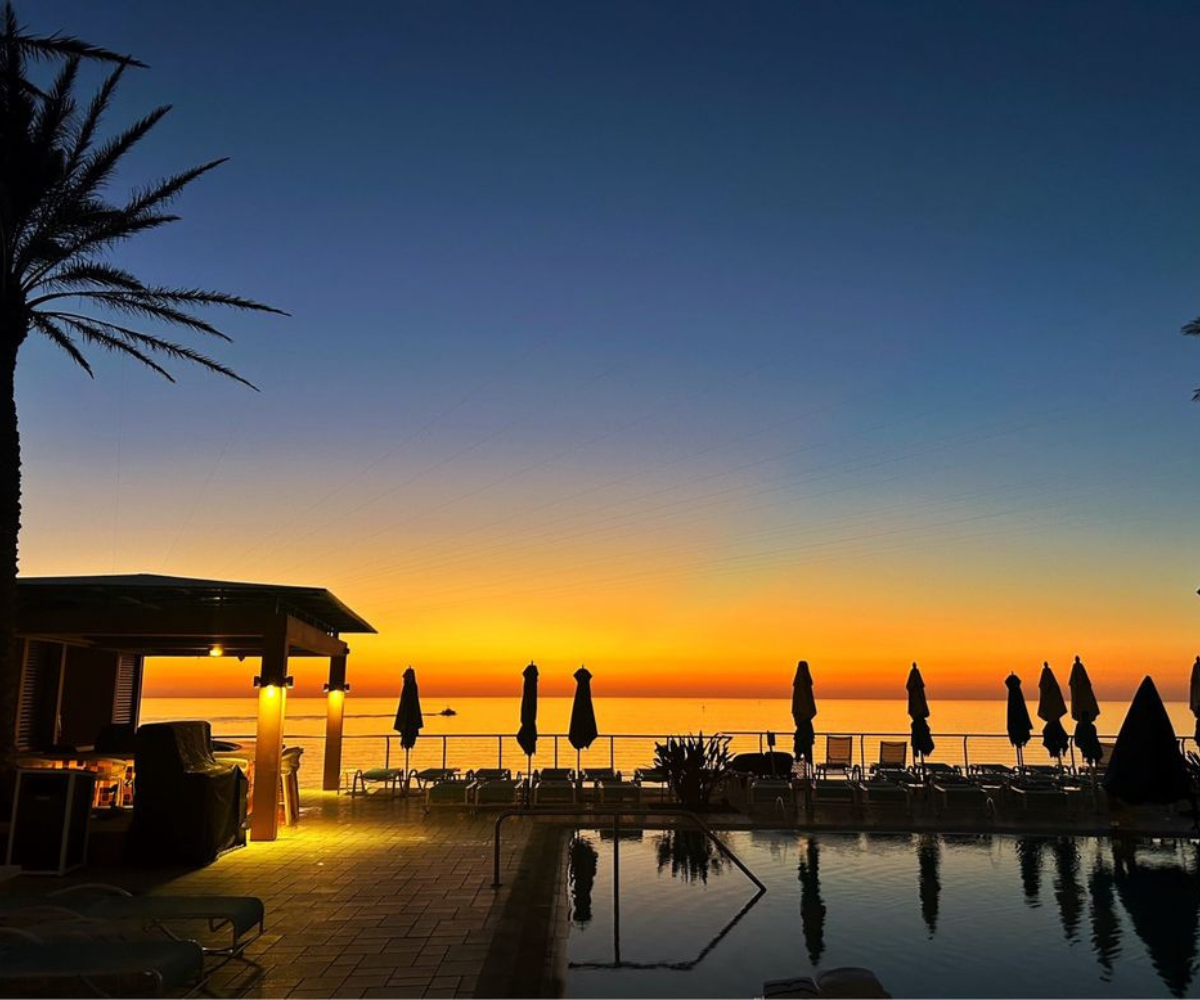 Front view of the sunset outside the restaurant