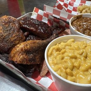 4 Meat Combo with Baked Beans and Mac and cheese at Smoke Bayou located in Baton Rouge, LA.