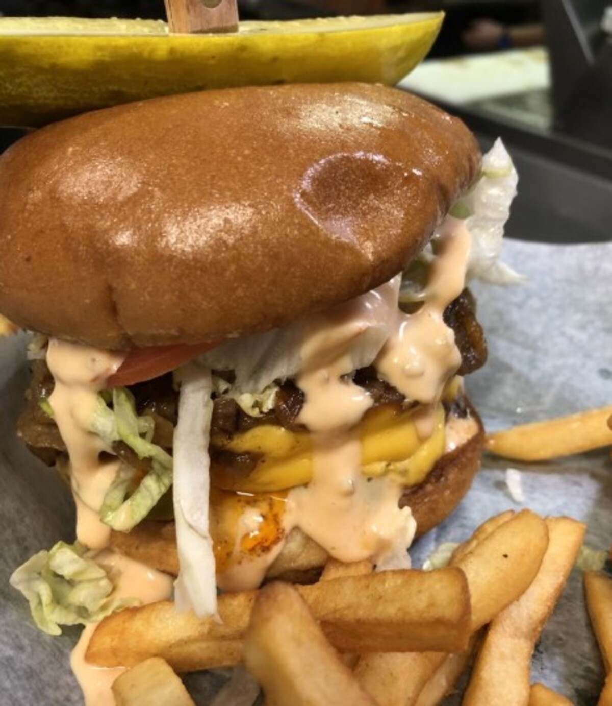 Animal Burger at Frog Pond Pub & Pizzeria located in Wilkes Barre, PA. 