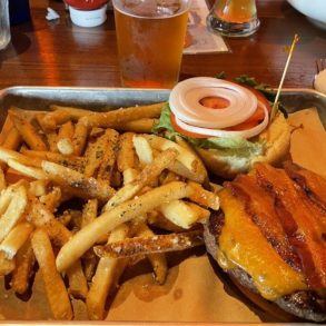 Bacon cheeseburger and Parmesan fries at Fat Head's Brewery located in Canton, OH.