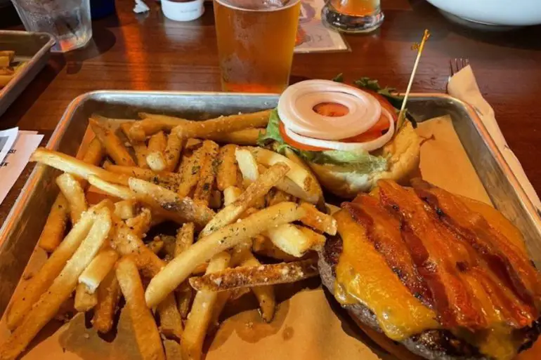 Bacon cheeseburger and Parmesan fries at Fat Head's Brewery located in Canton, OH.