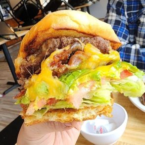 Burger at The Corner Cafe located in Lowell, MA.
