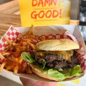 Burger at Stock and Grain Assembly located in High Point, NC.