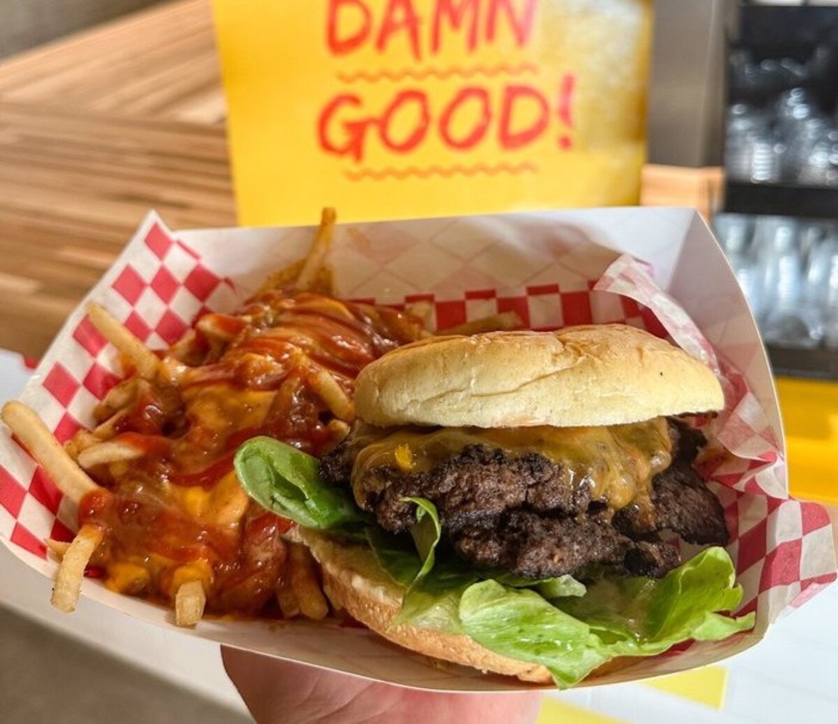 Burger at Stock and Grain Assembly located in High Point, NC. 