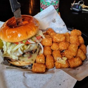 Burger at Sixth Street Dive located in Lafayette, IN.