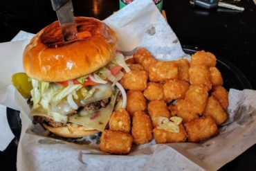 Burger at Sixth Street Dive located in Lafayette, IN.