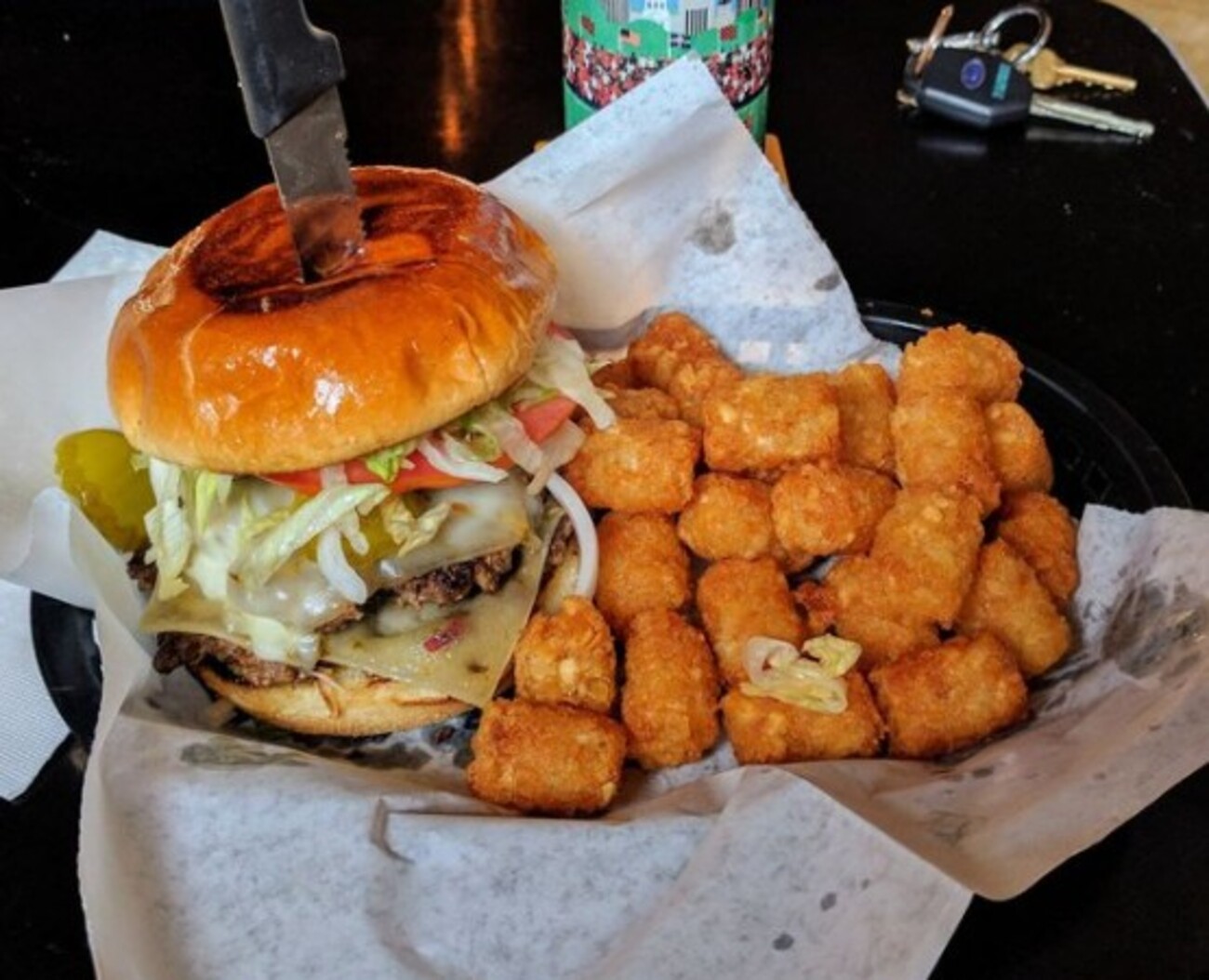 Burger at Sixth Street Dive located in Lafayette, IN. 
