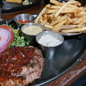 Burger and Fries at Tap 42 located in Boca Raton, FL.
