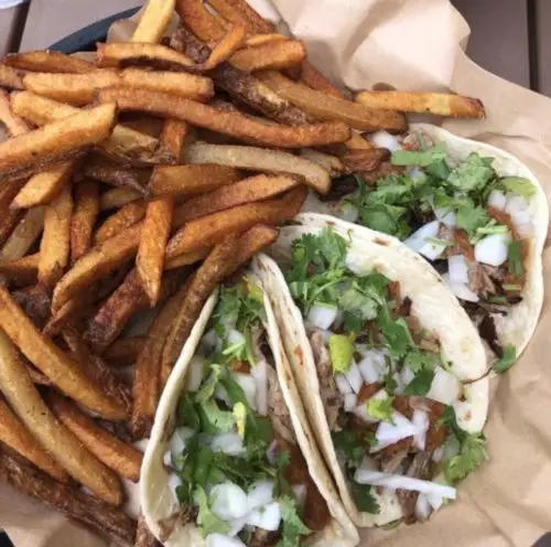 Carnitas tacos and fries at Emma's Southern Kitchen located in Knoxville, TN.