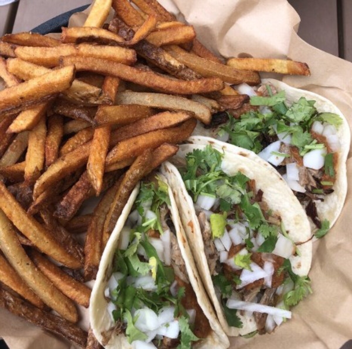 Carnitas tacos and fries at Emma's Southern Kitchen located in Knoxville, TN. 