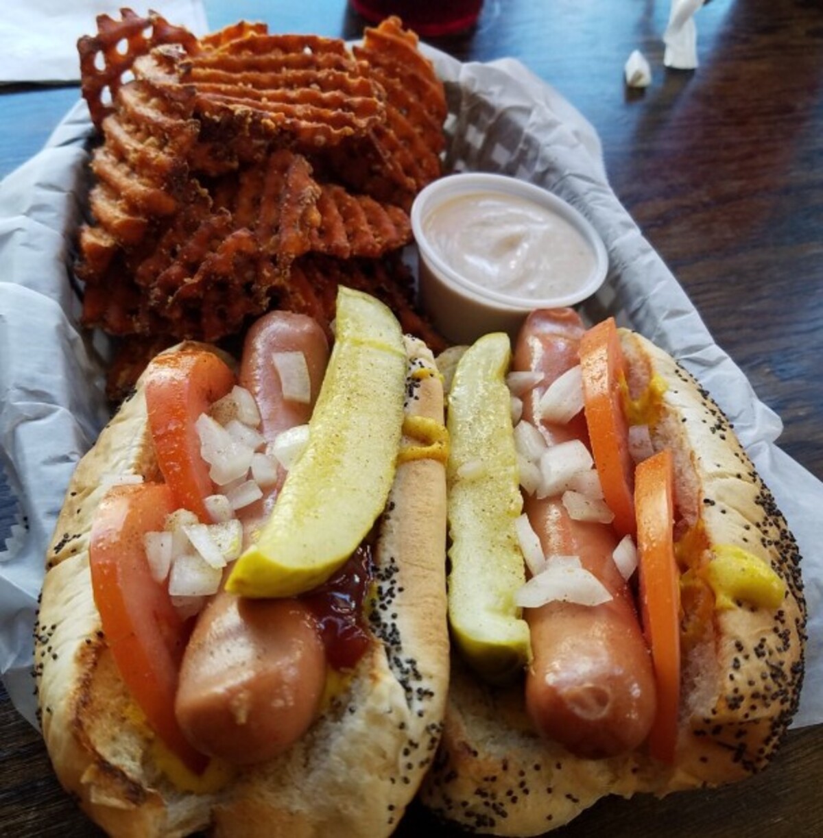 Chicago Dogs with upgrade to sweet potato fries at Savage's Ale House located in Muncie, IN.