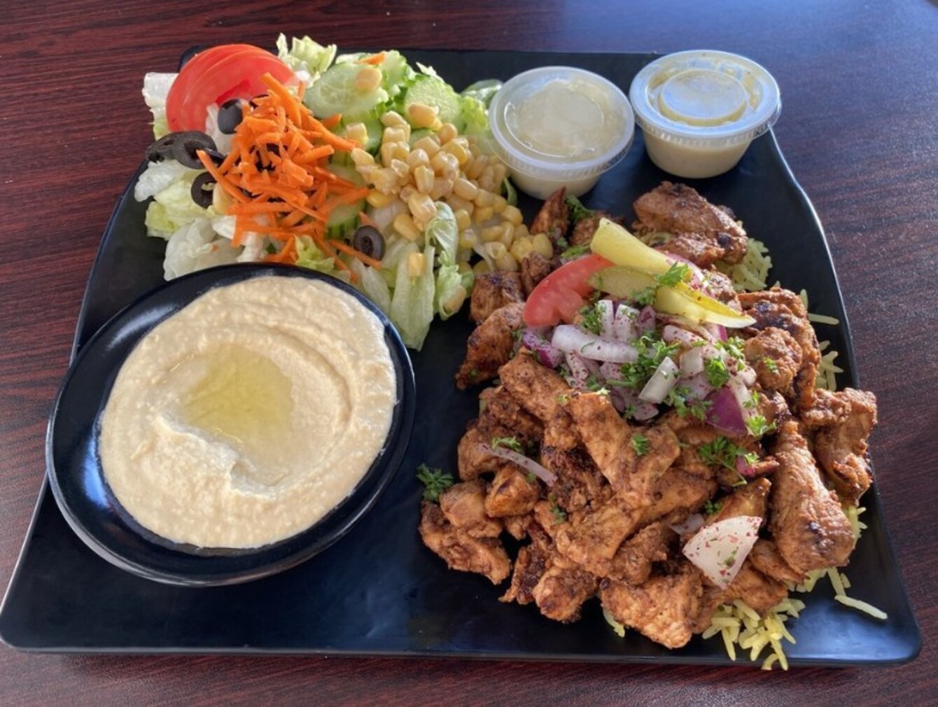 Chicken Shawarma platter with hummus and salad