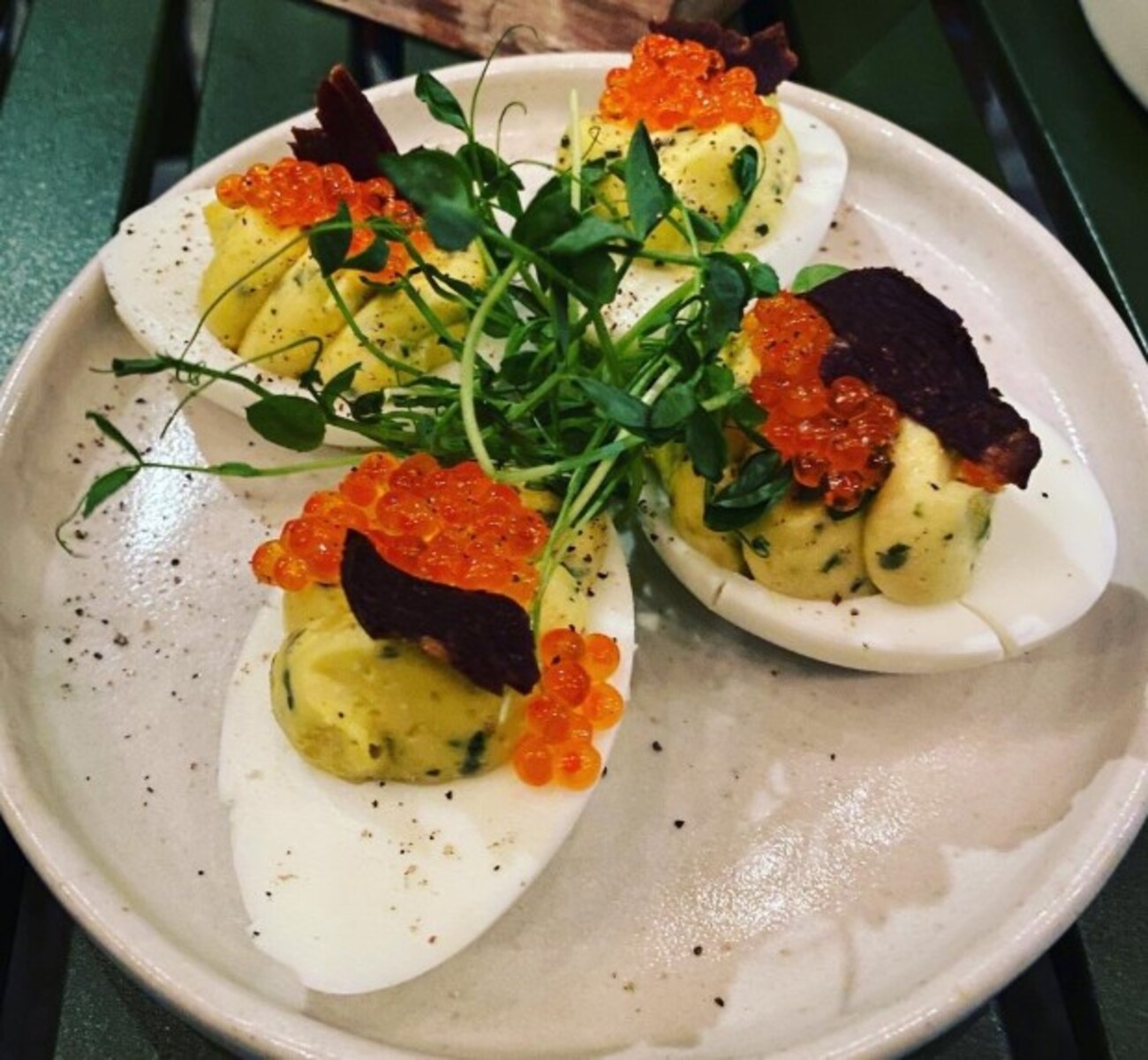 Deviled eggs at The Campground located in Kansas City, MO.