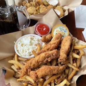 Fish, fries, and fried pickles at Emma's Southern Kitchen located in Knoxville, TN.