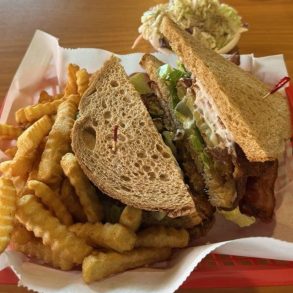 Fried green tomato BLT and fries at Todd and Shelly's Farm Fresh Restaurant located in Ocala, FL.