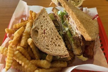 Fried green tomato BLT and fries at Todd and Shelly's Farm Fresh Restaurant located in Ocala, FL.