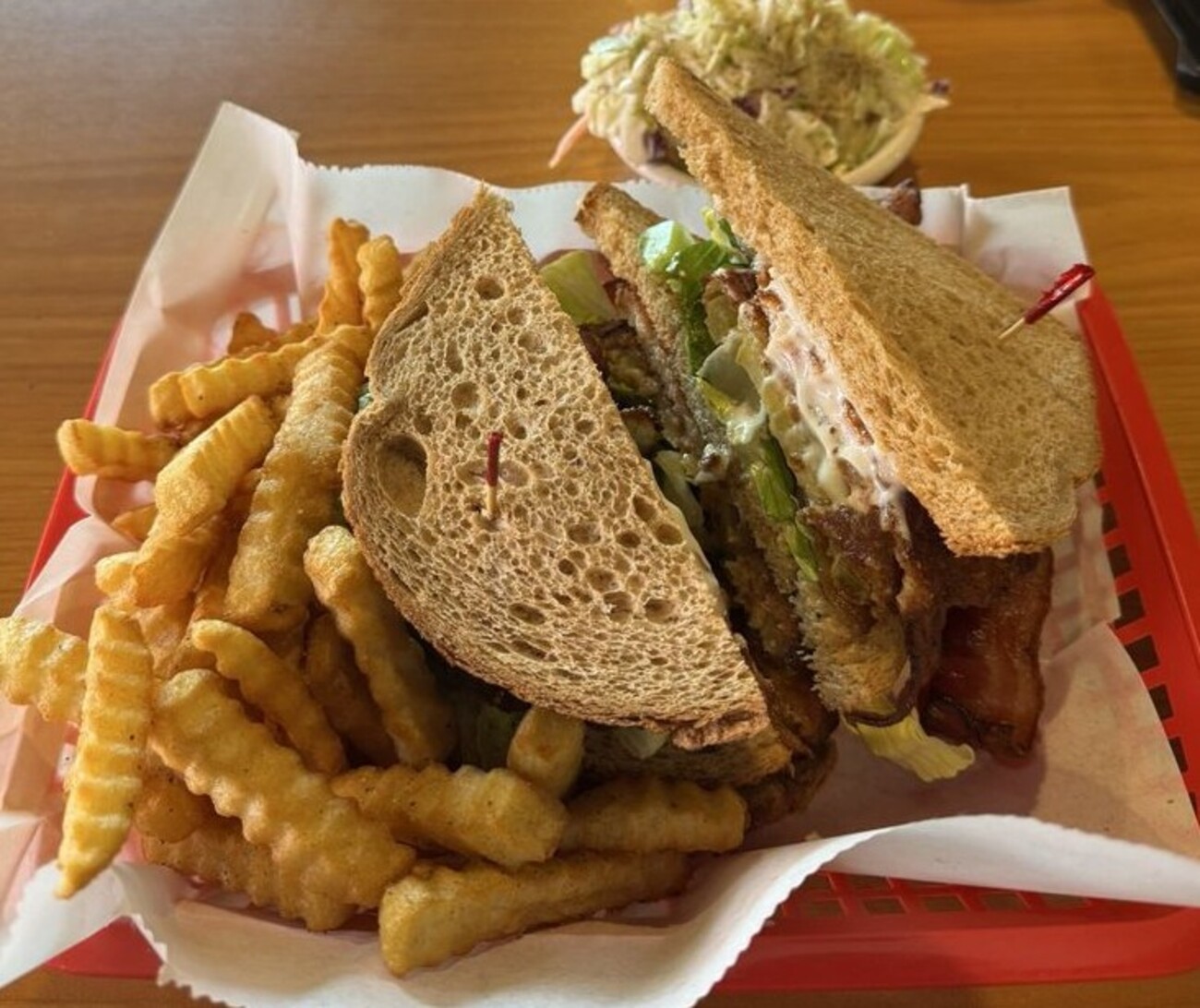 Fried green tomato BLT and fries at Todd and Shelly's Farm Fresh Restaurant located in Ocala, FL. 