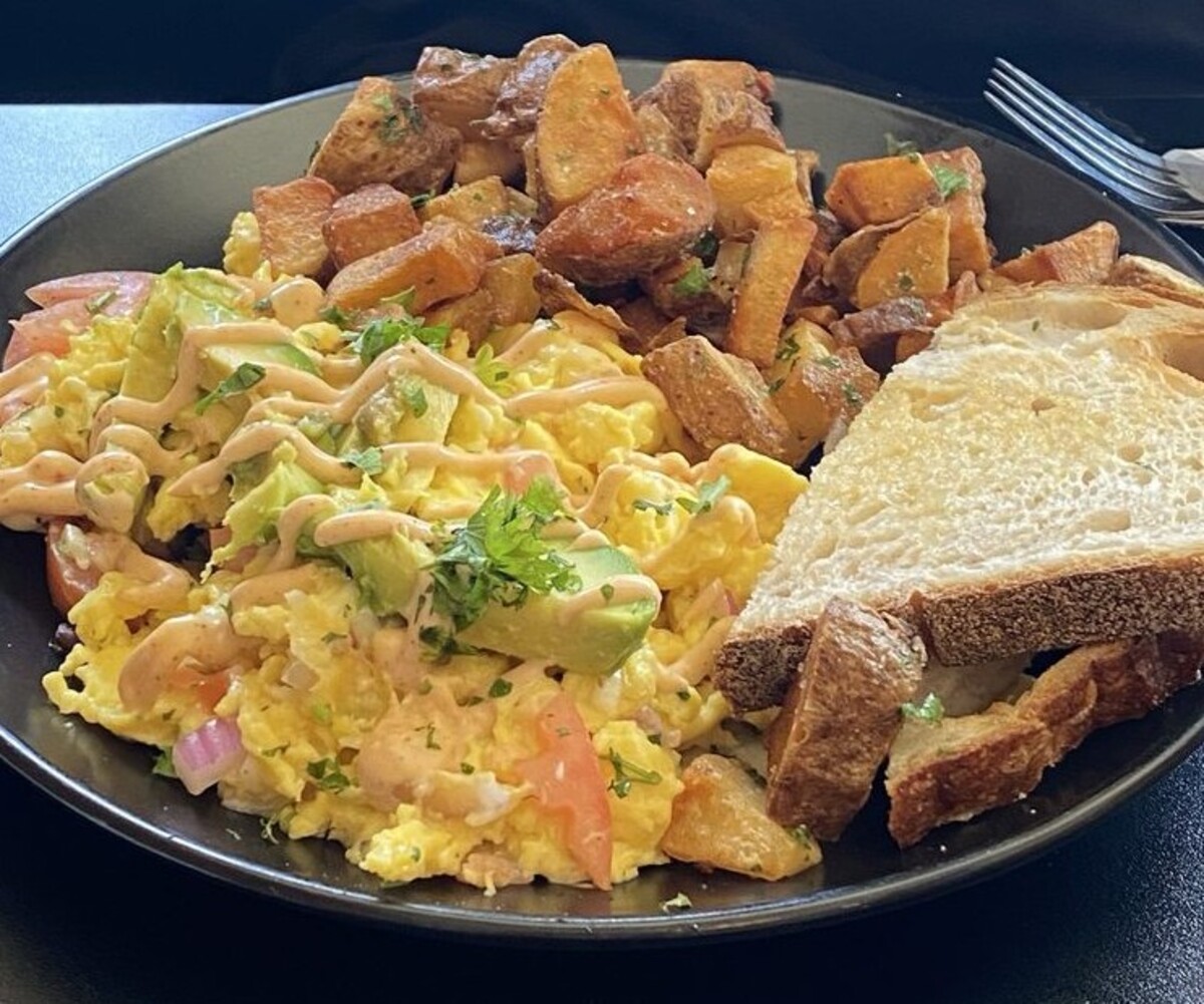 GF Green Sampler with toast and home fries at Root & Press located in Worcester, MA. 